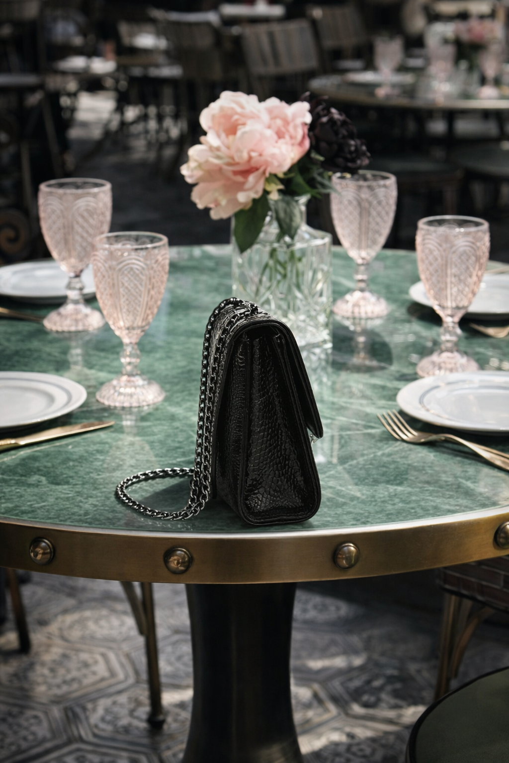 Black faux leather crocodile shoulder bag with modern chain design