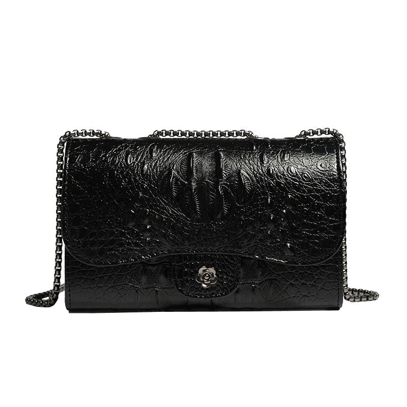 Black faux leather crocodile bag with chain strap